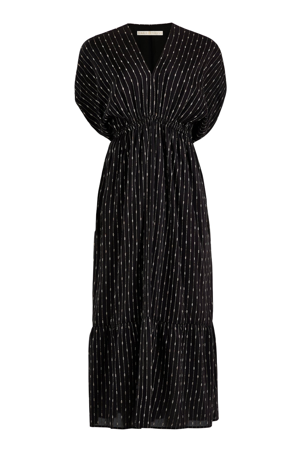 Striped summer dress with short sleeves gathered detailing, and side pockets 