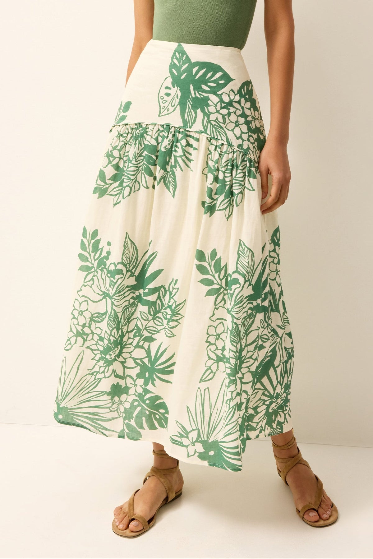 Drop waist green and white floral midi skirt