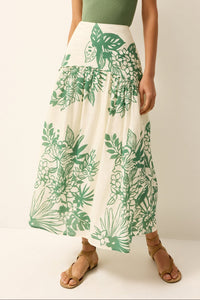 Drop waist green and white floral midi skirt