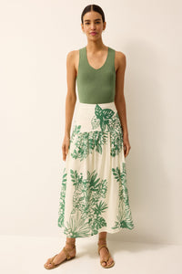 Green and white floral patterned mid rise skirt