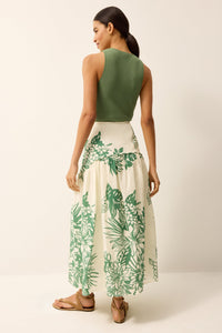 Green and white midi skirt with floral print