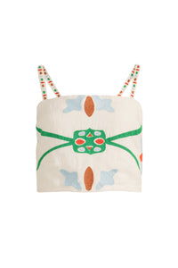 Textured strappy top with bold multicolor design across the front