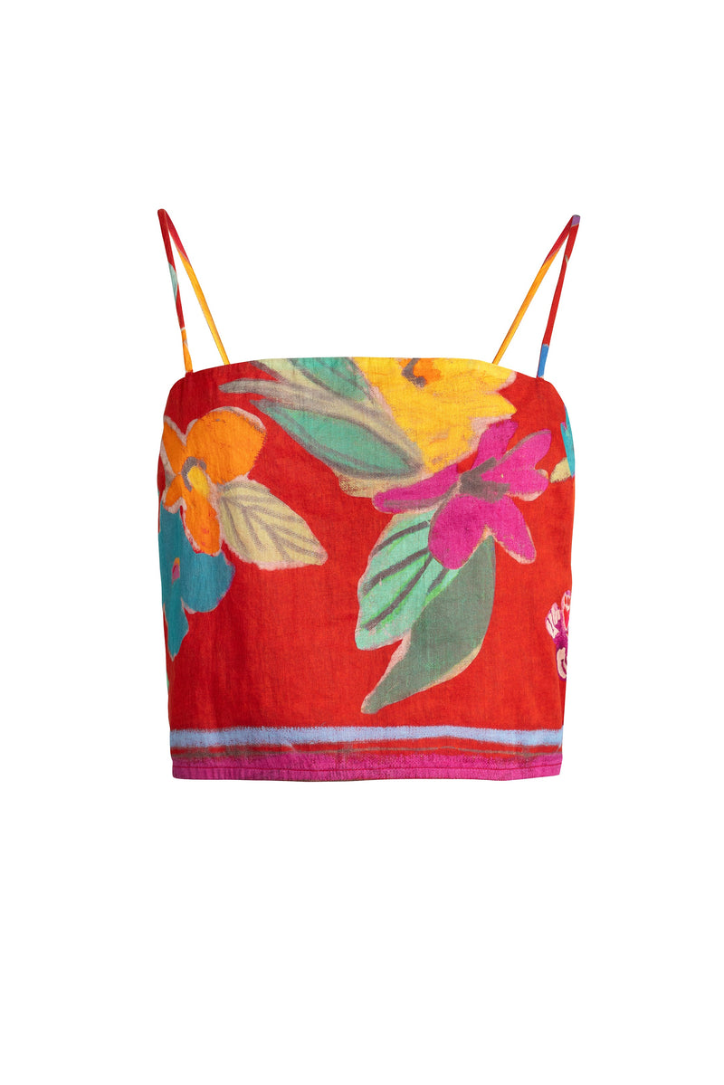 Casual sleeveless crop top with vivid macaw-print design 