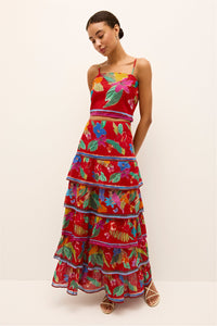 Spaghetti strap crop top with vibrant leaf and flower motifs 