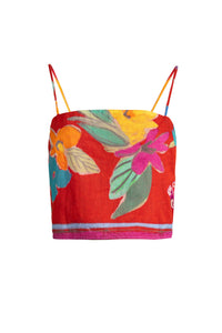 Casual sleeveless crop top with vivid macaw-print design 