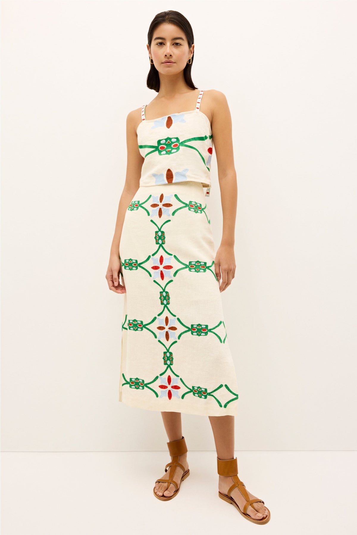 Embroidered linen crop top with thin patterned straps