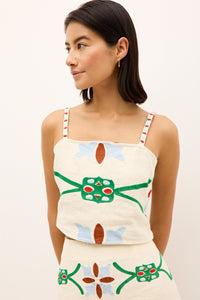Fitted tank featuring symmetrical folkloric-inspired detailing