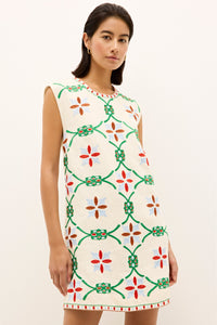 Embroidered cream dress with bold garden inspired pattern and crew neckline