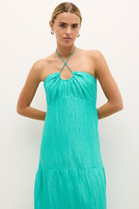 Sleeveless tiered dress in teal with keyhole front and crossover halter straps 