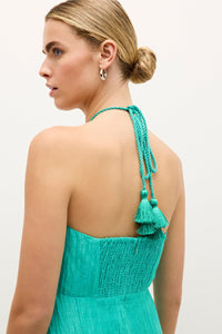 Crinkled aqua blue summer dress with a relaxed, floor length silhouette 