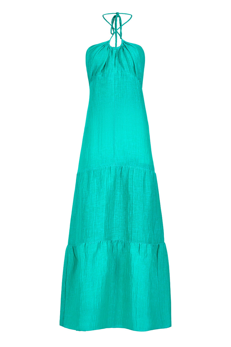 Casual beachy halter dress with a full length skirt and subtle texture 