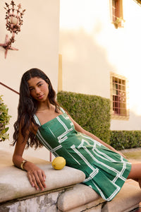 Square neck green and white abstract printed mini dress