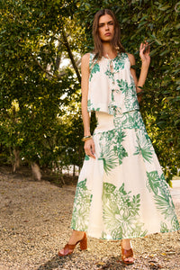 Pleated green and white floral printed top with front ties