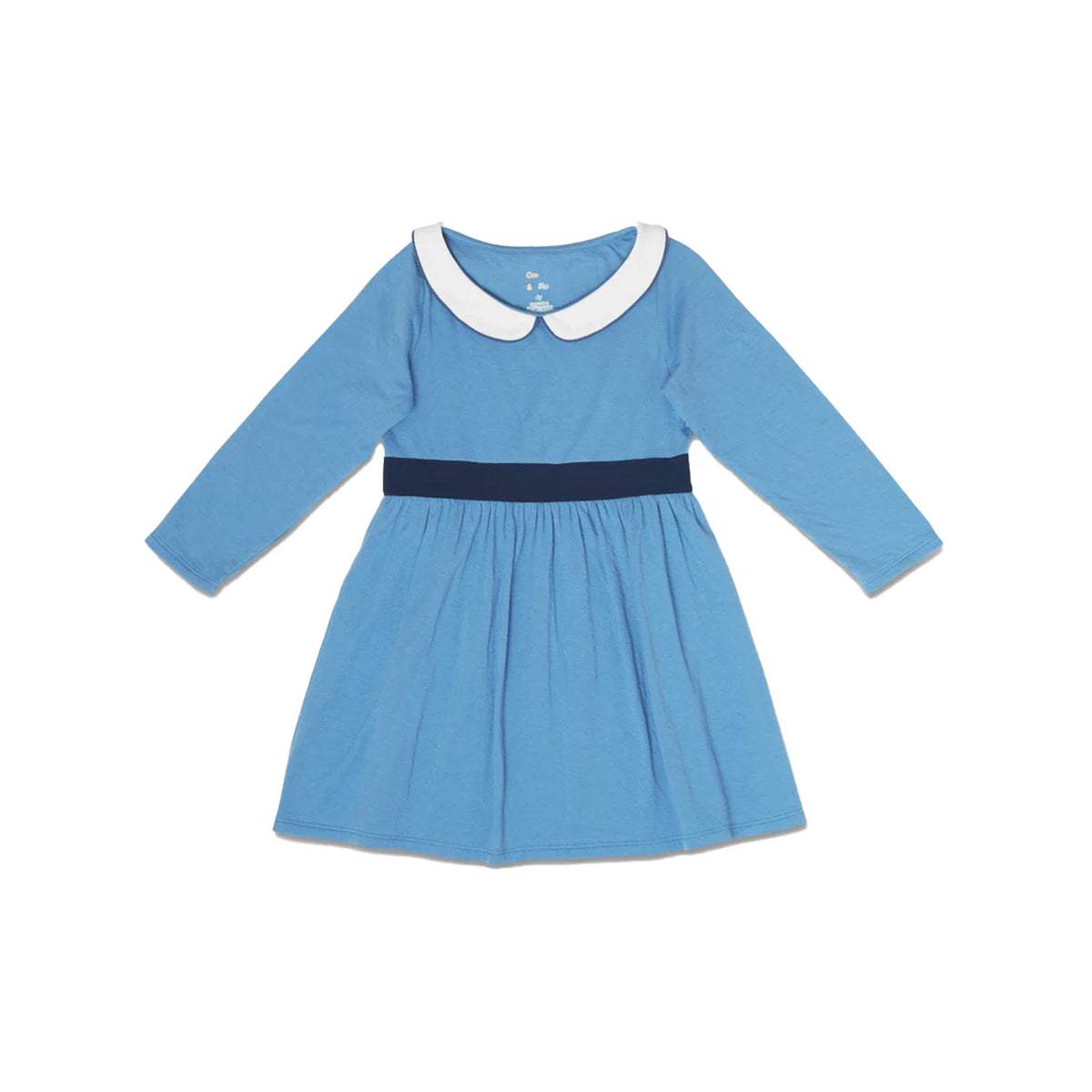 Front view of Marie Clare Dress in Blue showcasing long sleeves, Peter Pan collar, navy waistband and gathered skirt on white