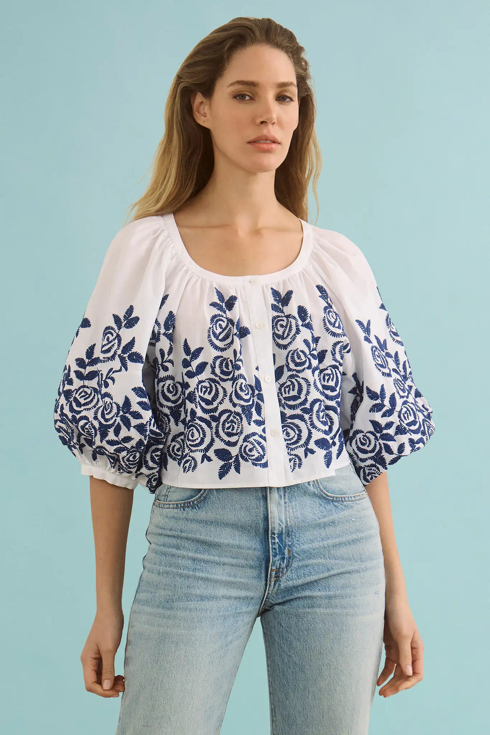 The Marie Top in White Rose Fence paired with denim. 