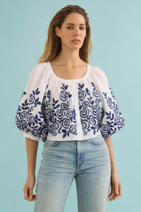 The Marie Top in White Rose Fence paired with denim. 