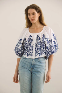 The Marie Top in White Rose Fence paired with denim. 