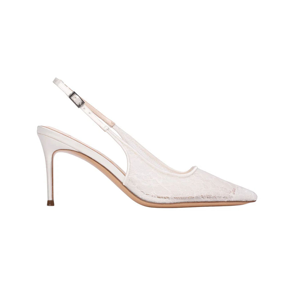 Side view of Marina 80 slingback pump showcasing white sequin lace upper and 3.25-inch stiletto heel on white background