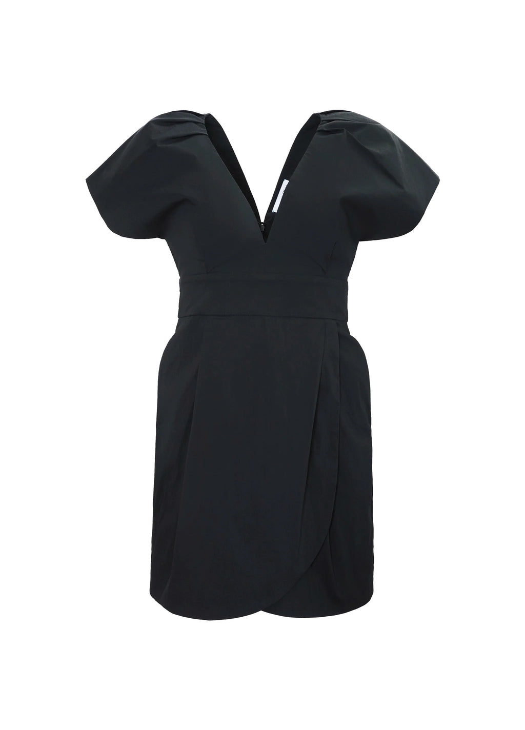Front view of Maris Dress in Onyx showcasing deep V neckline and exaggerated shoulders on a white background