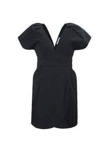 Front view of Maris Dress in Onyx showcasing deep V neckline and exaggerated shoulders on a white background