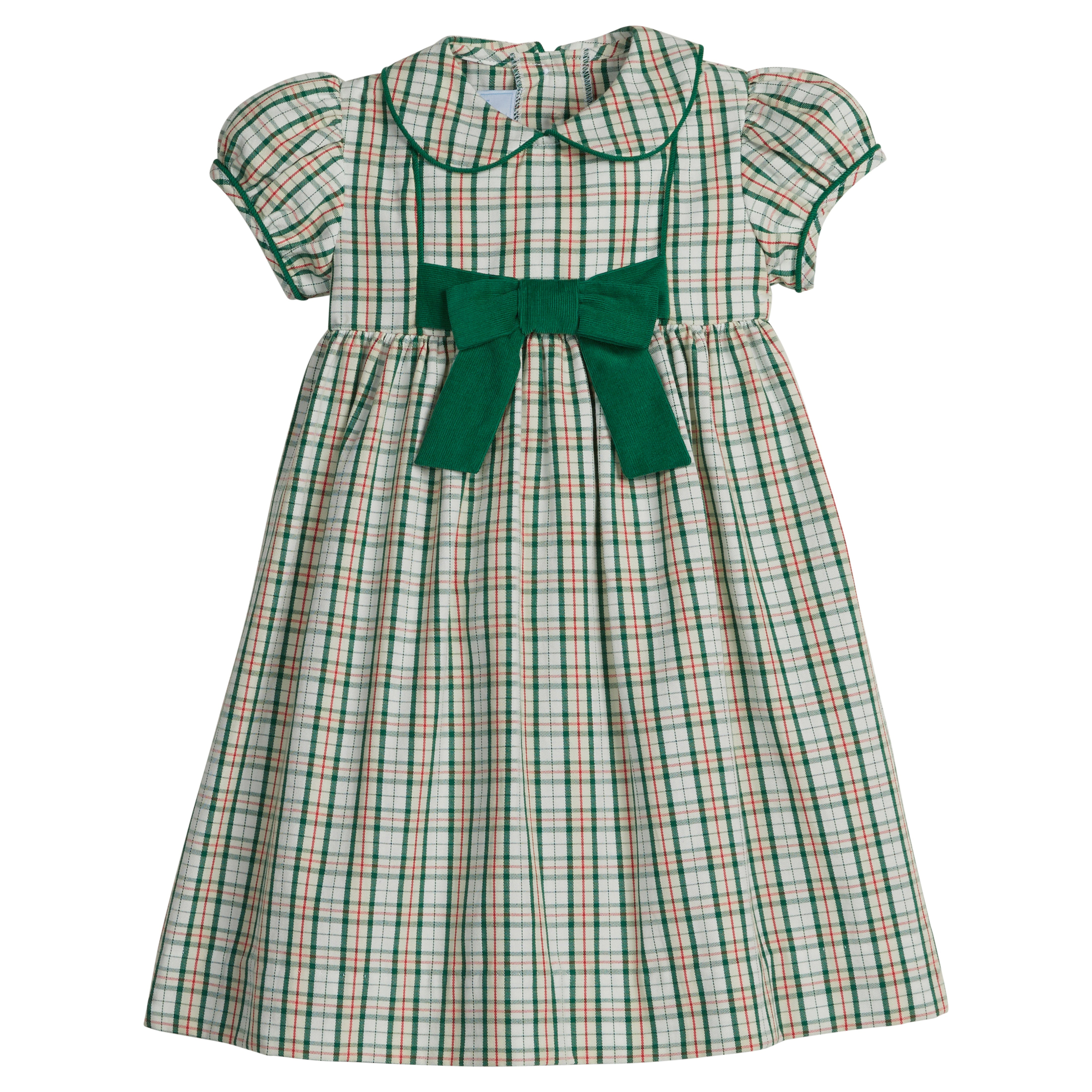 little english classic children's clothing. Little girls red, cream, and green tartan dress with green corduroy piping and bow with peter pan collar for holiday 