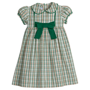 little english classic children's clothing. Little girls red, cream, and green tartan dress with green corduroy piping and bow with peter pan collar for holiday 