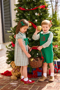 Little English Classic Children's clothing Marisa Dress in mistletoe tartan print with green bow on chest, peter pan shirt in mistletoe tartan, button tab john john in evergreen corduroy, boys and girls winter styles for the holiday season, coordinating outfits