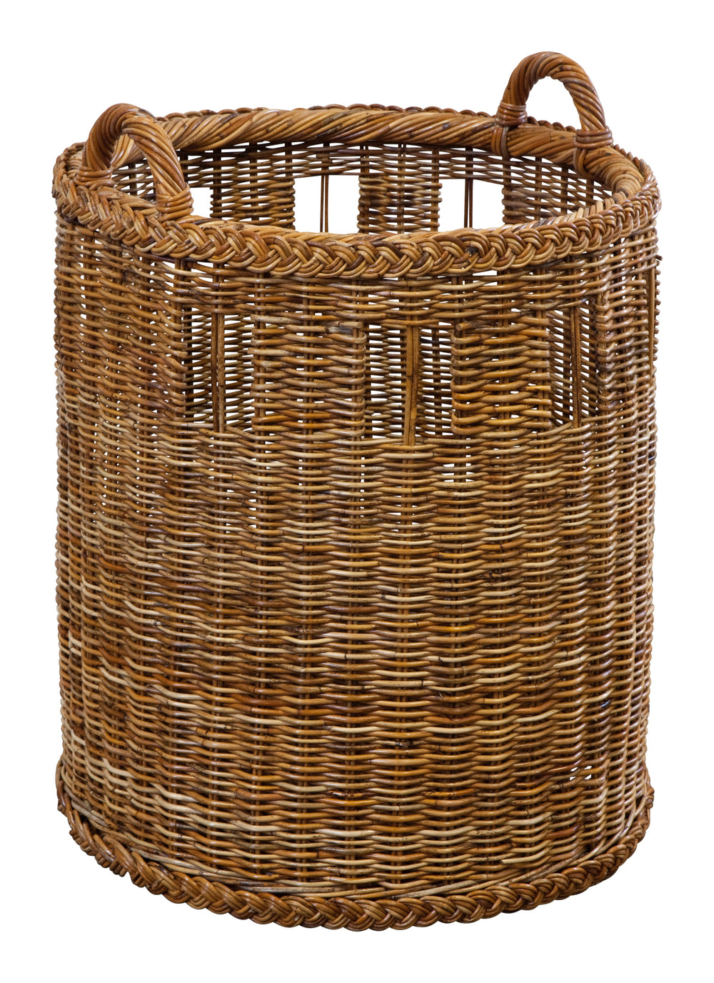 Front view of Mark D Sikes rattan basket with braided rim, open weave panels and two handles on white background