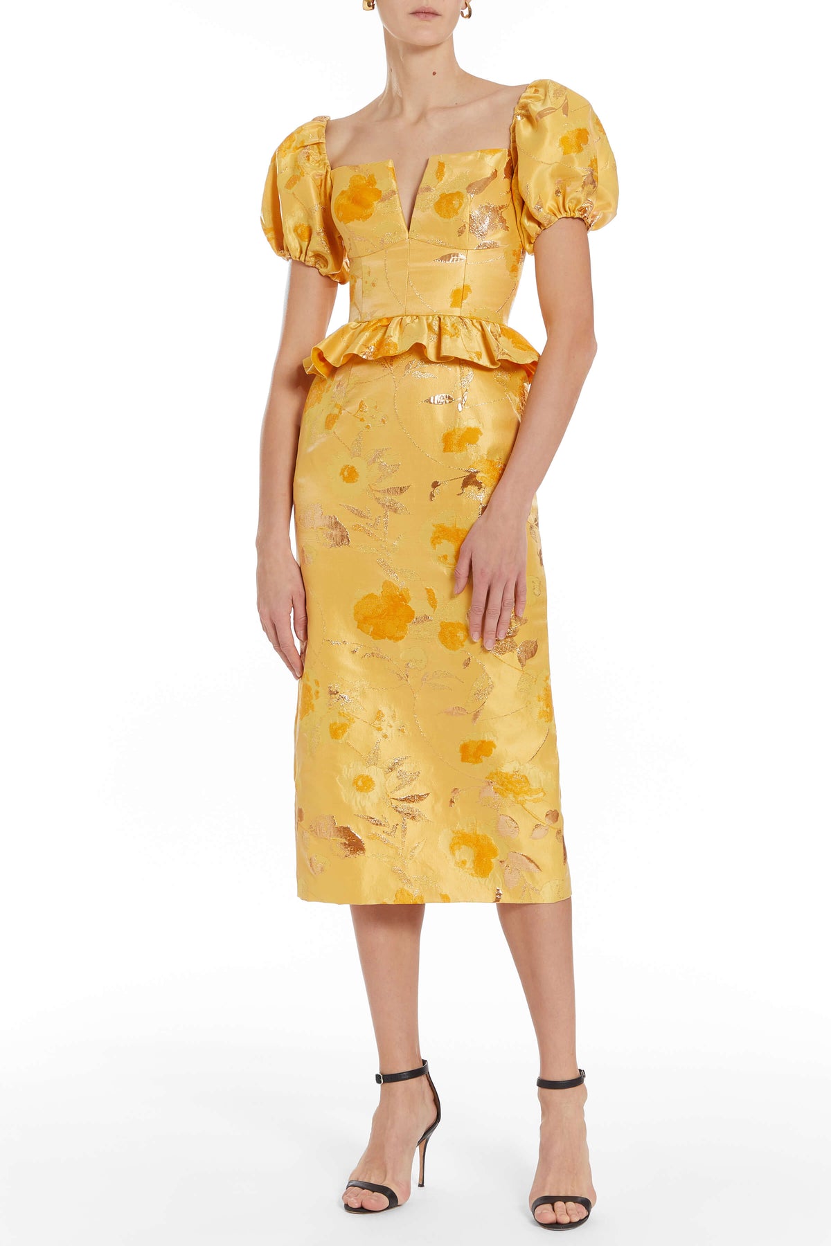 Yara Gold Floral Brocade Midi Dress