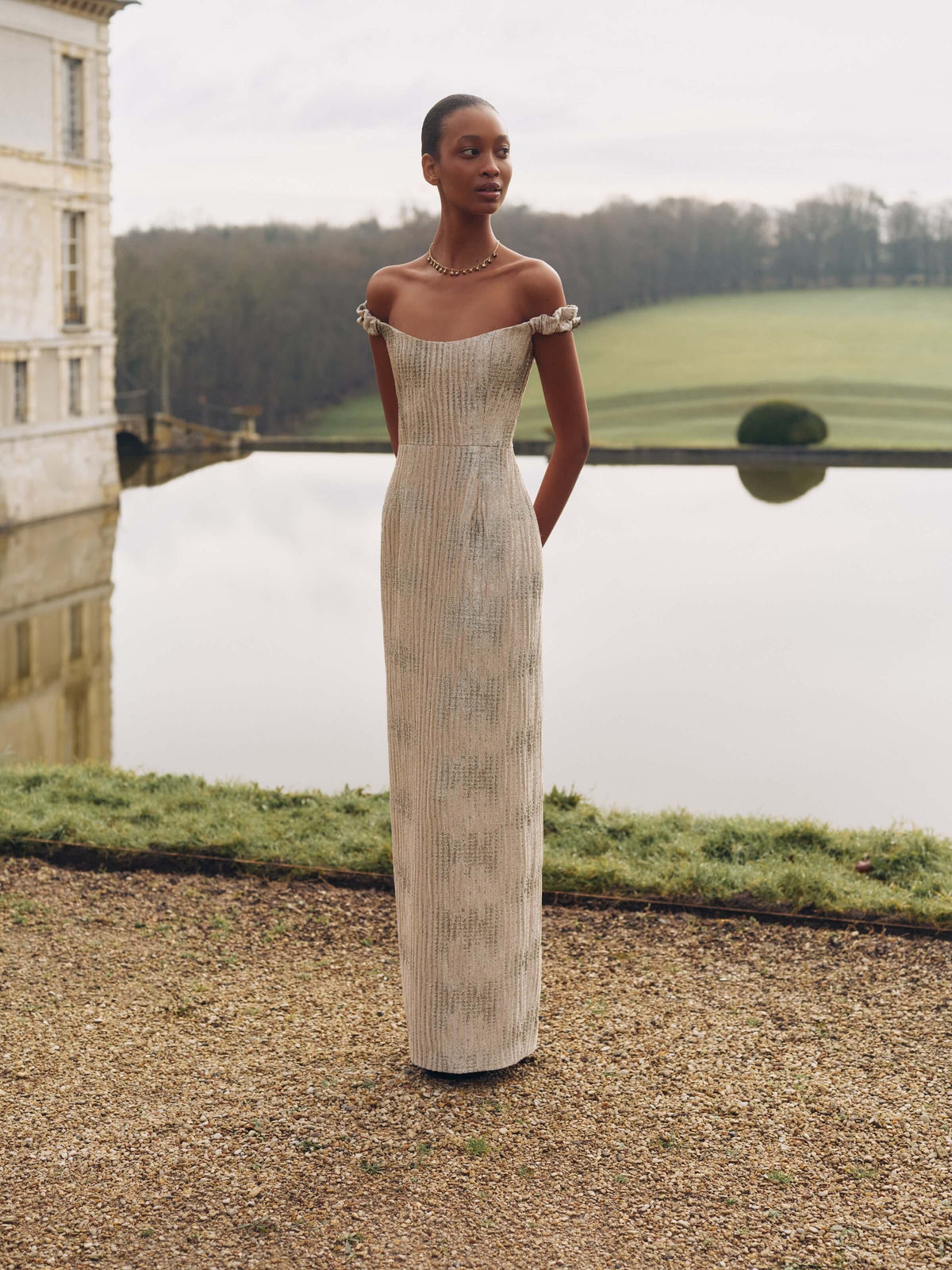 Yolanda Wavy Gold Brocade Gown