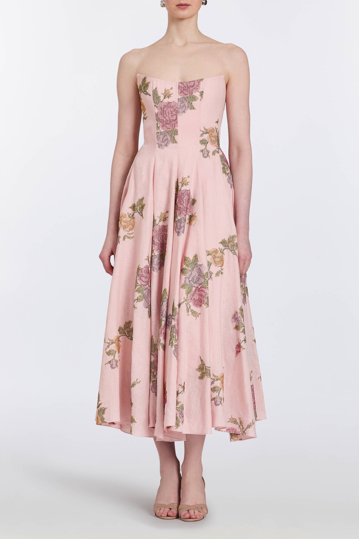 Rousseau Cross Stitch Linen Strapless Midi Dress