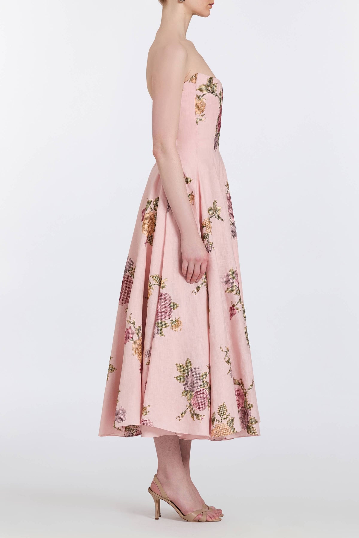 Rousseau Cross Stitch Linen Strapless Midi Dress