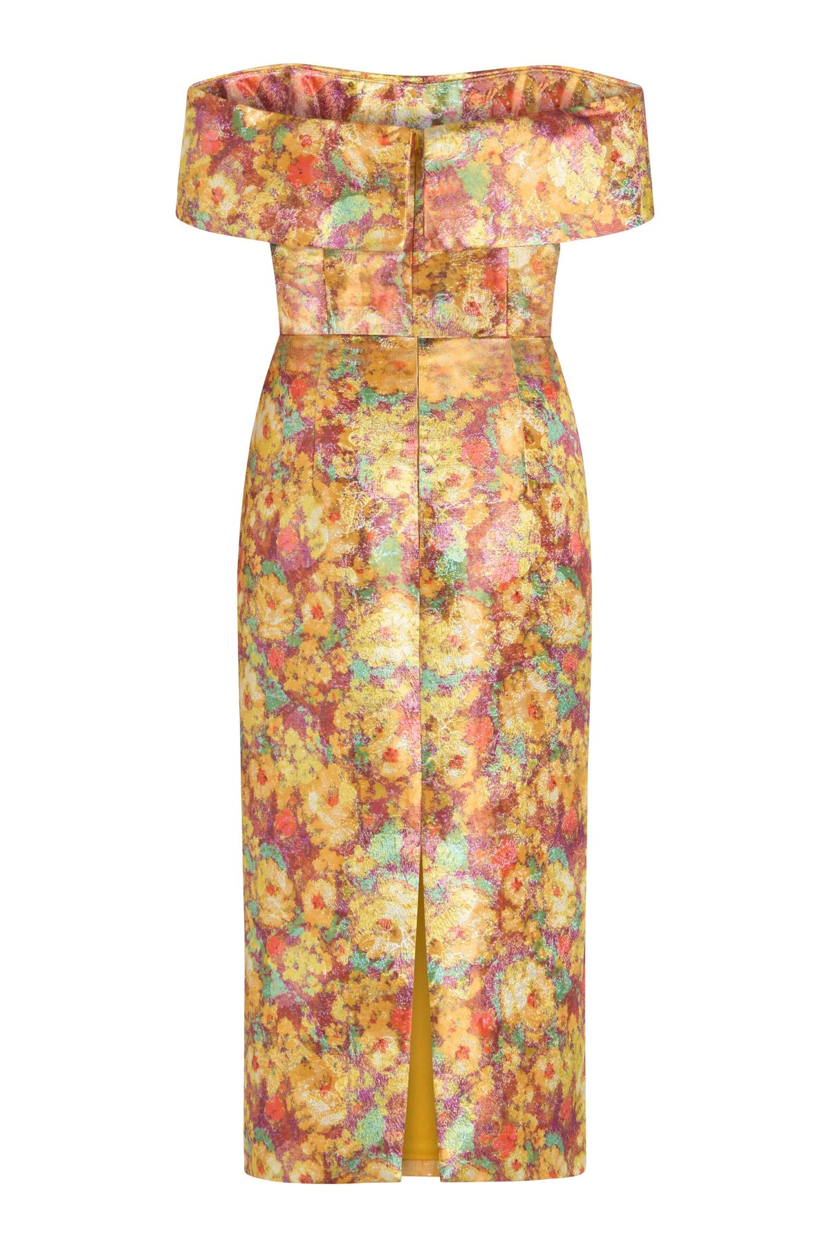 Gloria Golden Metallic Floral Brocade Midi Dress