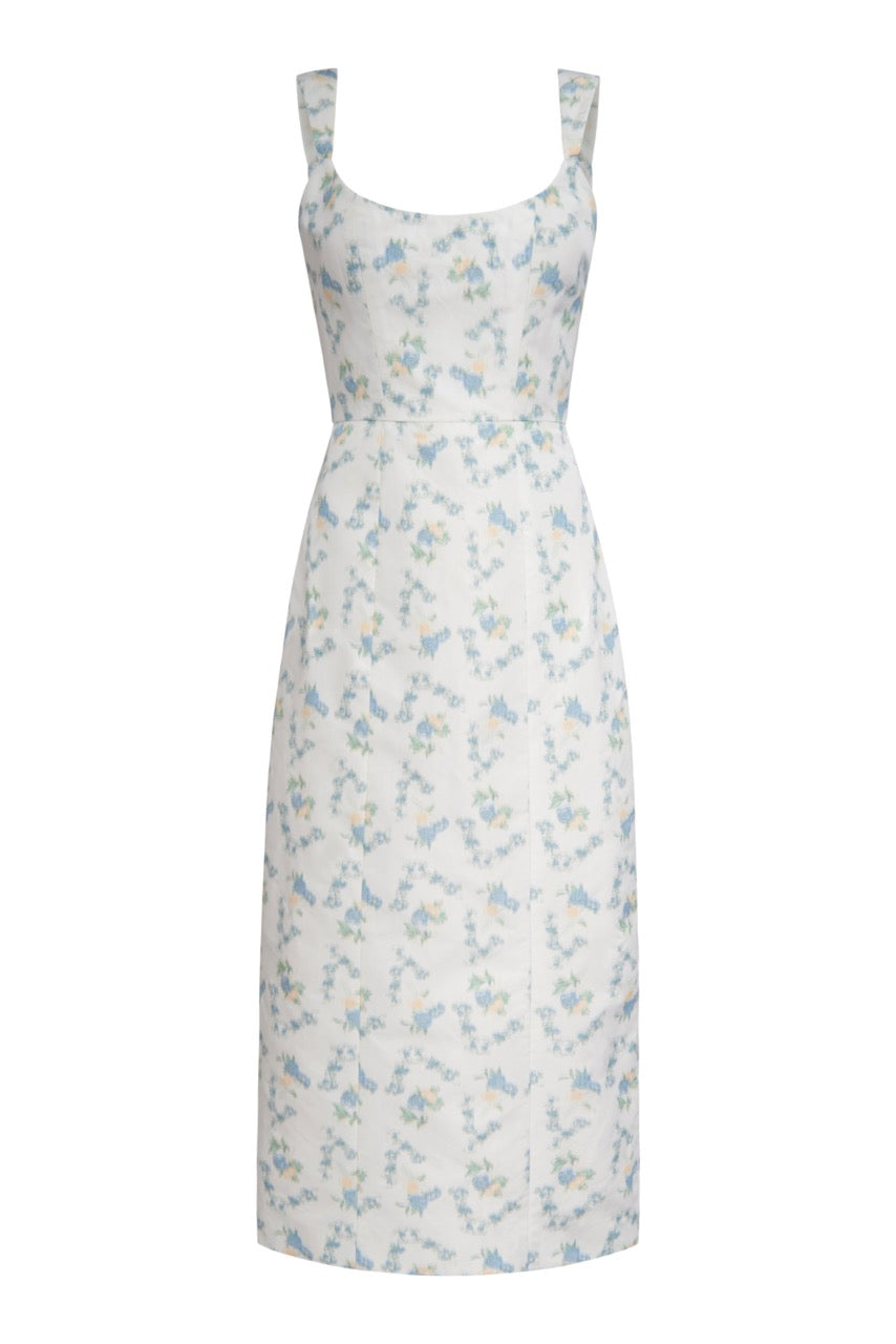 OTM Exclusive: Numa White Floral Ikat Corset Dress With Back Slit | Over The Moon OTM Exclusive: Numa White Floral Ikat Corset Dress With Back Slit | Over The Moon