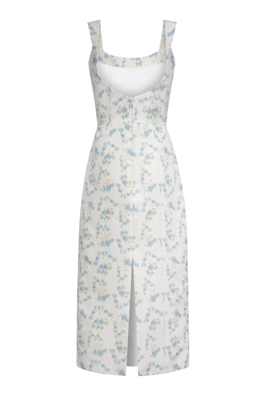 OTM Exclusive: Numa White Floral Ikat Corset Dress With Back Slit