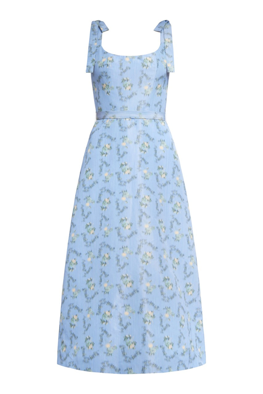 OTM Exclusive: Serafina Blue Floral Ikat Corset A-Line Midi Dress With Tie Straps