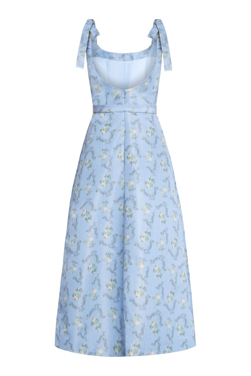 OTM Exclusive: Serafina Blue Floral Ikat Corset A-Line Midi Dress With