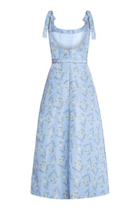 OTM Exclusive: Serafina Blue Floral Ikat Corset A-Line Midi Dress With Tie Straps