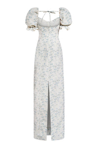 OTM Exclusive: Isidore Blue Bow Floral Ikat Puff Sleeve Column Gown