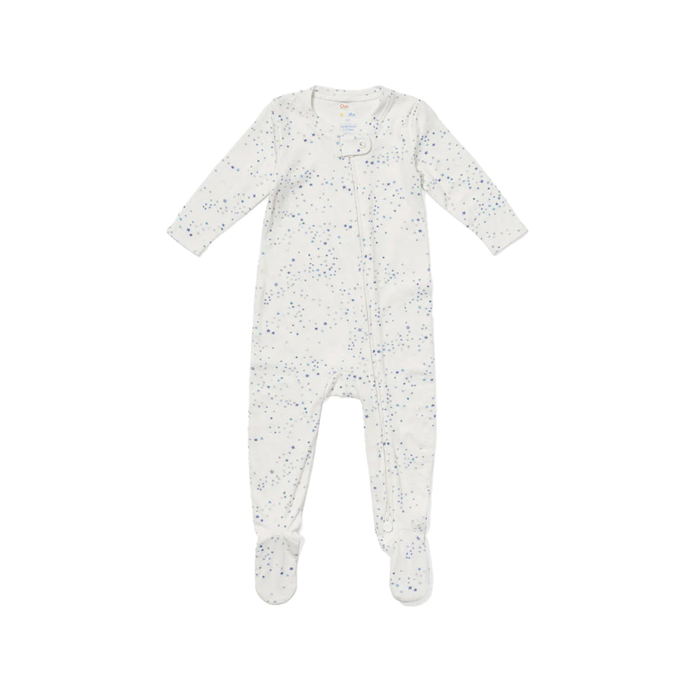 Front view of Marley Zip Footie in Blue Star showcasing long sleeves, footed legs, and full zipper on white background