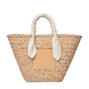 Marlow Straw Scarf Tote Bag in Beige Gingham