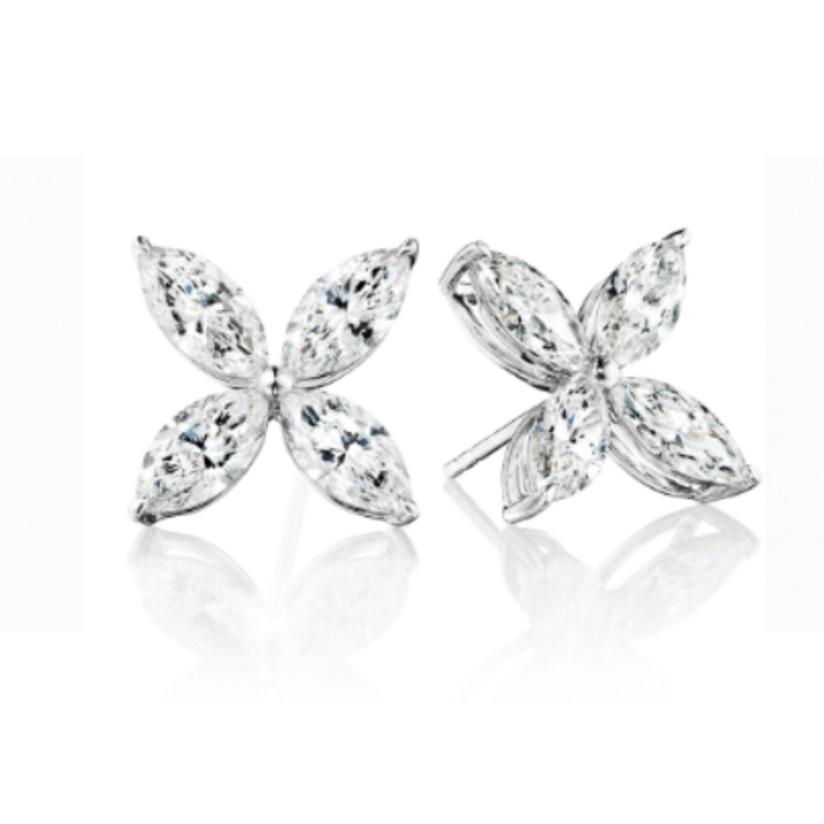 The Marquise Flower Diamond Studs in White Gold feature four SI clarity marquise diamonds arranged in a floral design, set in 18k white gold against a white background.
