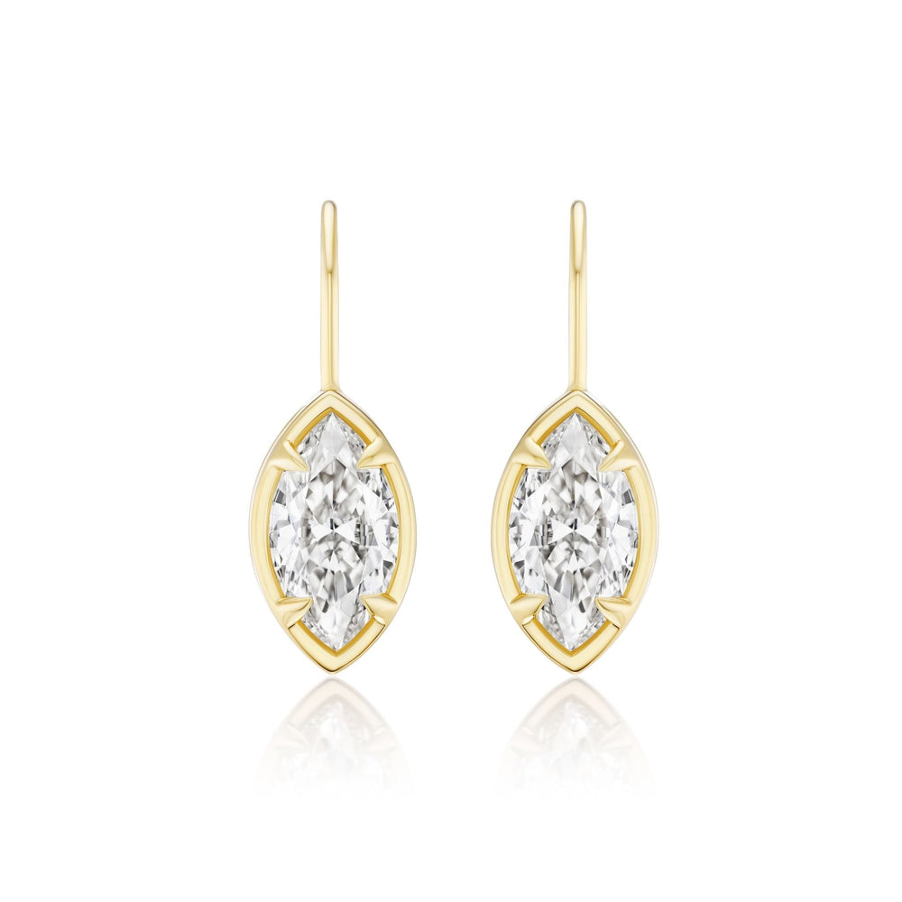 The Collet Set Marquise Diamond Drop Earrings in Yellow Gold feature SI1 clarity marquise diamonds in a geometric 18k yellow gold frame, shown on a white background.