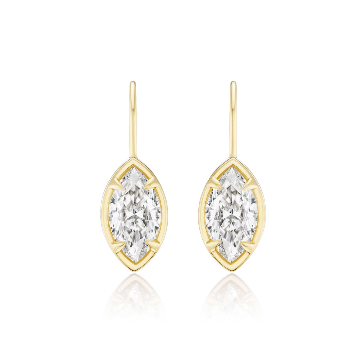 The Collet Set Marquise Diamond Drop Earrings in Yellow Gold feature SI1 clarity marquise diamonds in a geometric 18k yellow gold frame, shown on a white background.