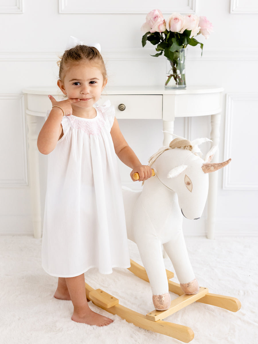 Mathilde White Cotton Dress with Pink Smocking for Little Girls