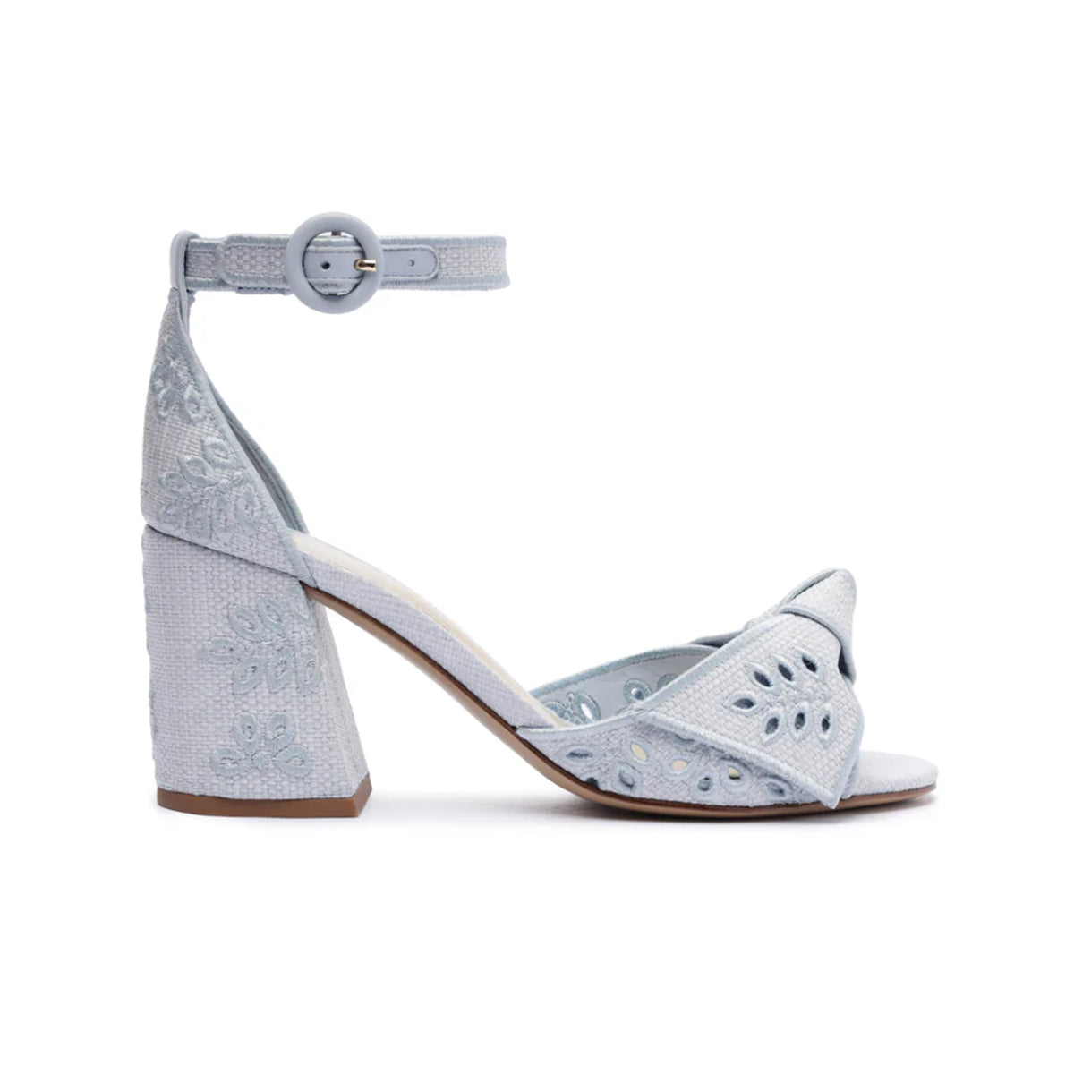 Side view of Maxi Clarita Embroidery 75 sandal showcasing Serene Blue cutout embroidery, ankle strap, and block heel with white background