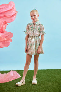 The Kids Mayfair Top in Pink Trellis paired with matching Rosie Skirt.