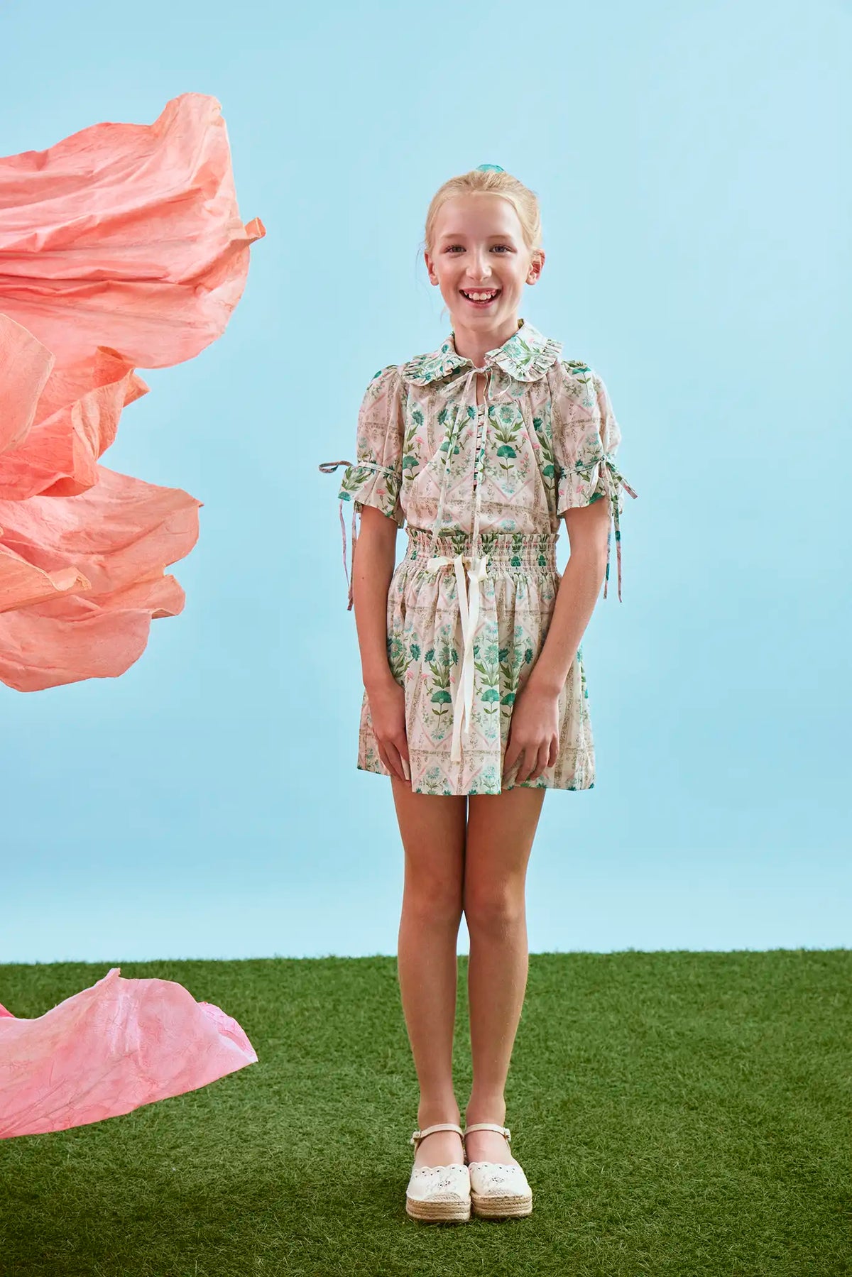 The Rosie Skirt in Pink Trellis paired with matching Kids Mayfair Top.