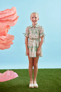 The Rosie Skirt in Pink Trellis paired with matching Kids Mayfair Top.