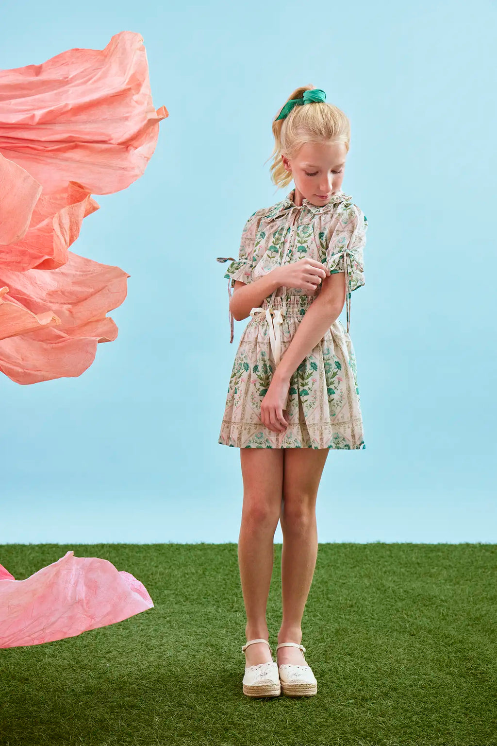 The Kids Mayfair Top in Pink Trellis paired with matching Rosie Skirt.